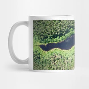 Bird's eye view of a small lake in the midst of forests Mug